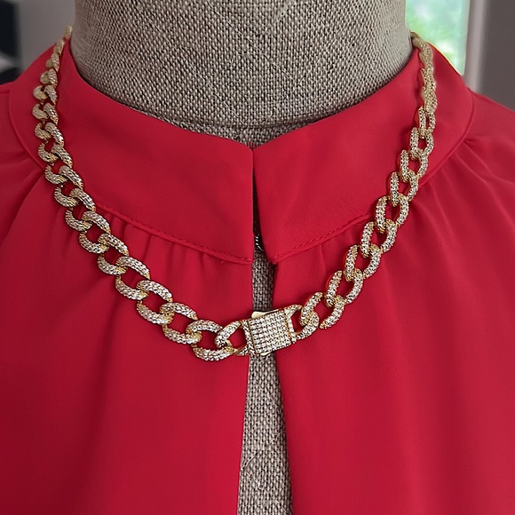 Heavy Cuban Link Chain With Pave Crystal Links - Sterling Silver Gold Plated - Picture 3 of 6